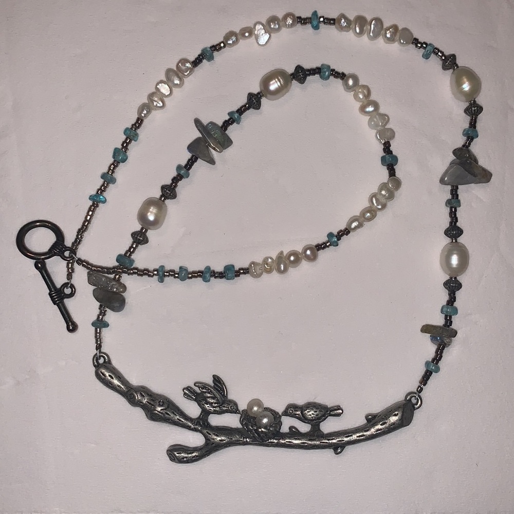 Pewter, Pearl & Stone Necklace. NWOT